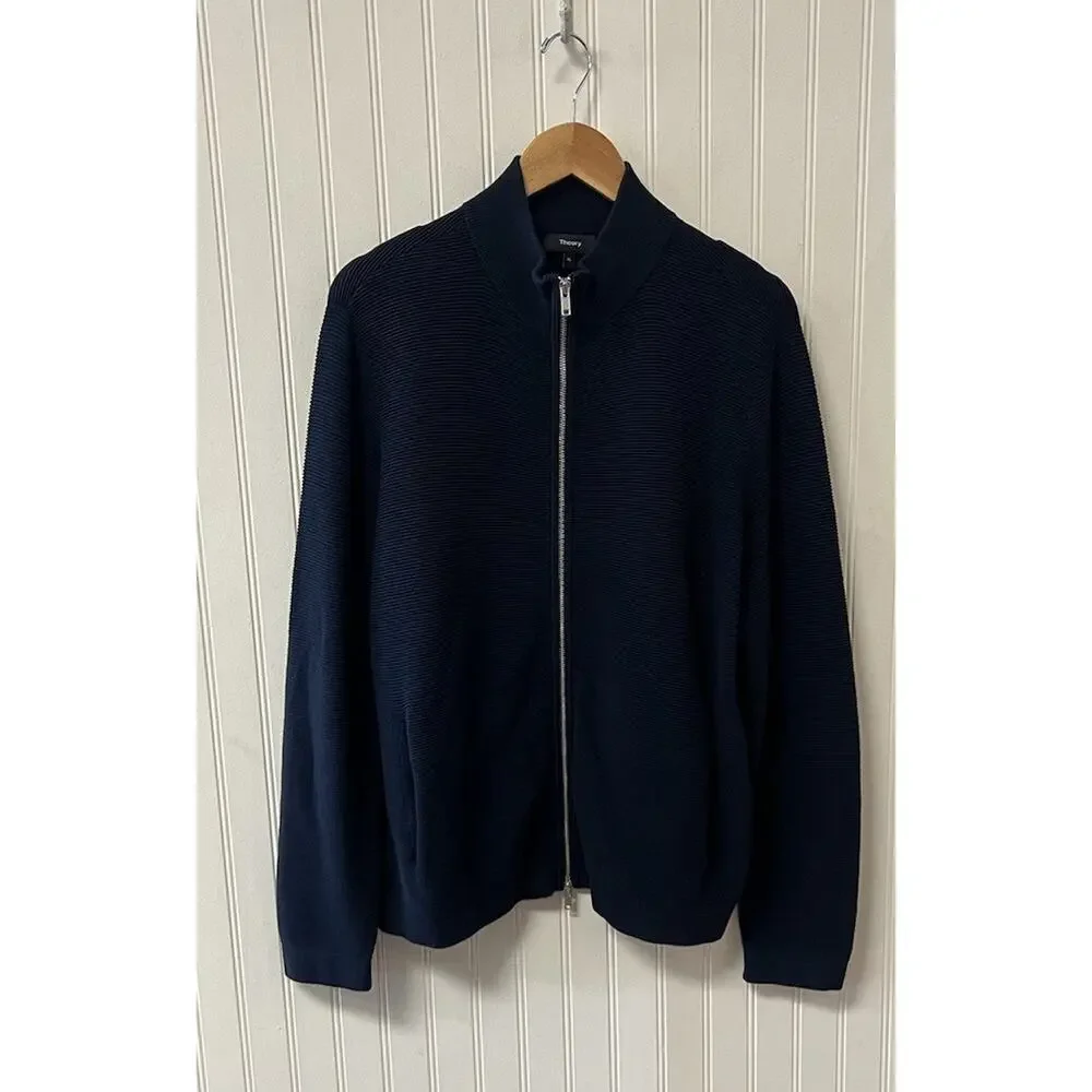 Theory Sweater Mens XL Navy Blue Full Zip Mock Neck Cotton Knit